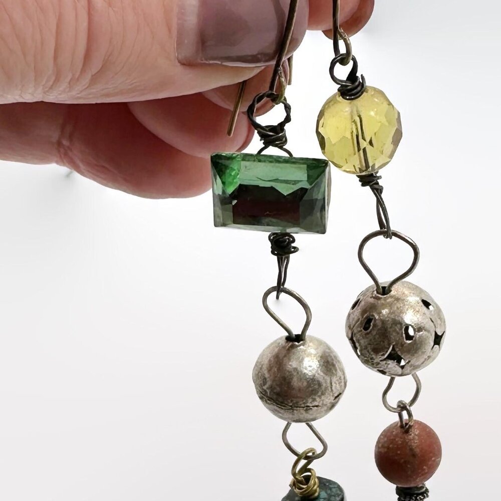 Asymmetrical Earrings, Turquoise, Silver, Beads, Mixed Material, Vintage - Picture 3 of 4